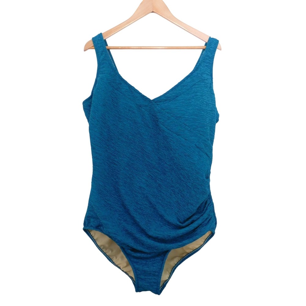 NEW Penbrooke Krinkle Size 22W Teal Faux Wrap One-Piece‎ Swimsuit
